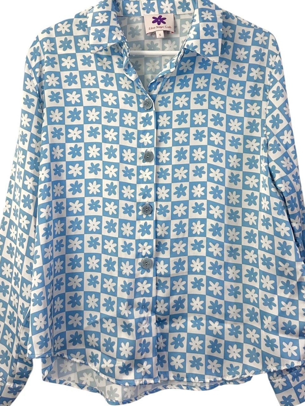 Lisa Says Gah Blue and White Floral-Check Button Down Shirt